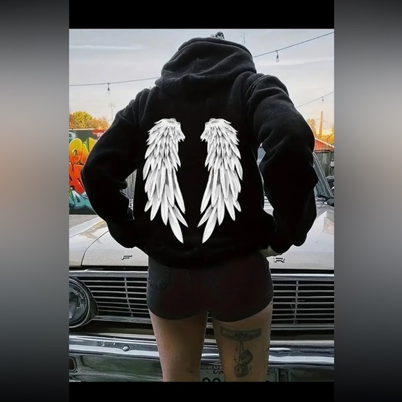 Tops - Wings Print Hoodie, Drawstring Casual Hooded Sweatshirt